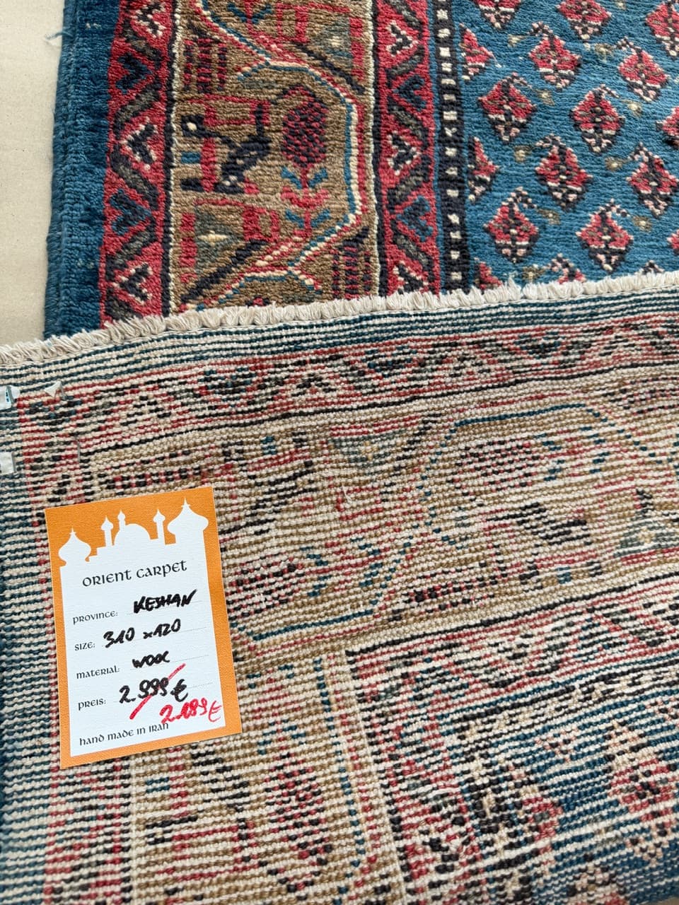 Dywan chodnik Keshan 310x120 cm, niebieski, wełna, Iran - 222538