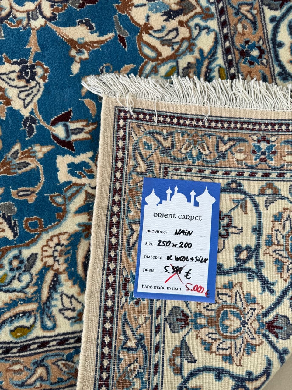 Dywan perski Nain 250x200 cm, niebieski, wełna z jedwabiem, Iran - 222609