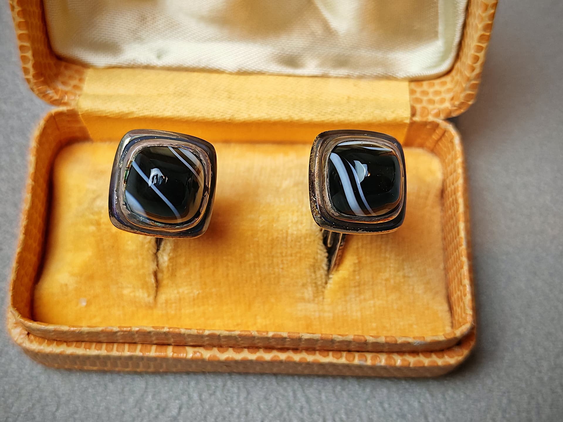 Spinki do mankietów, srebrny, onyks, proj. V. Janson, Szwecja, lata 60. - 222626