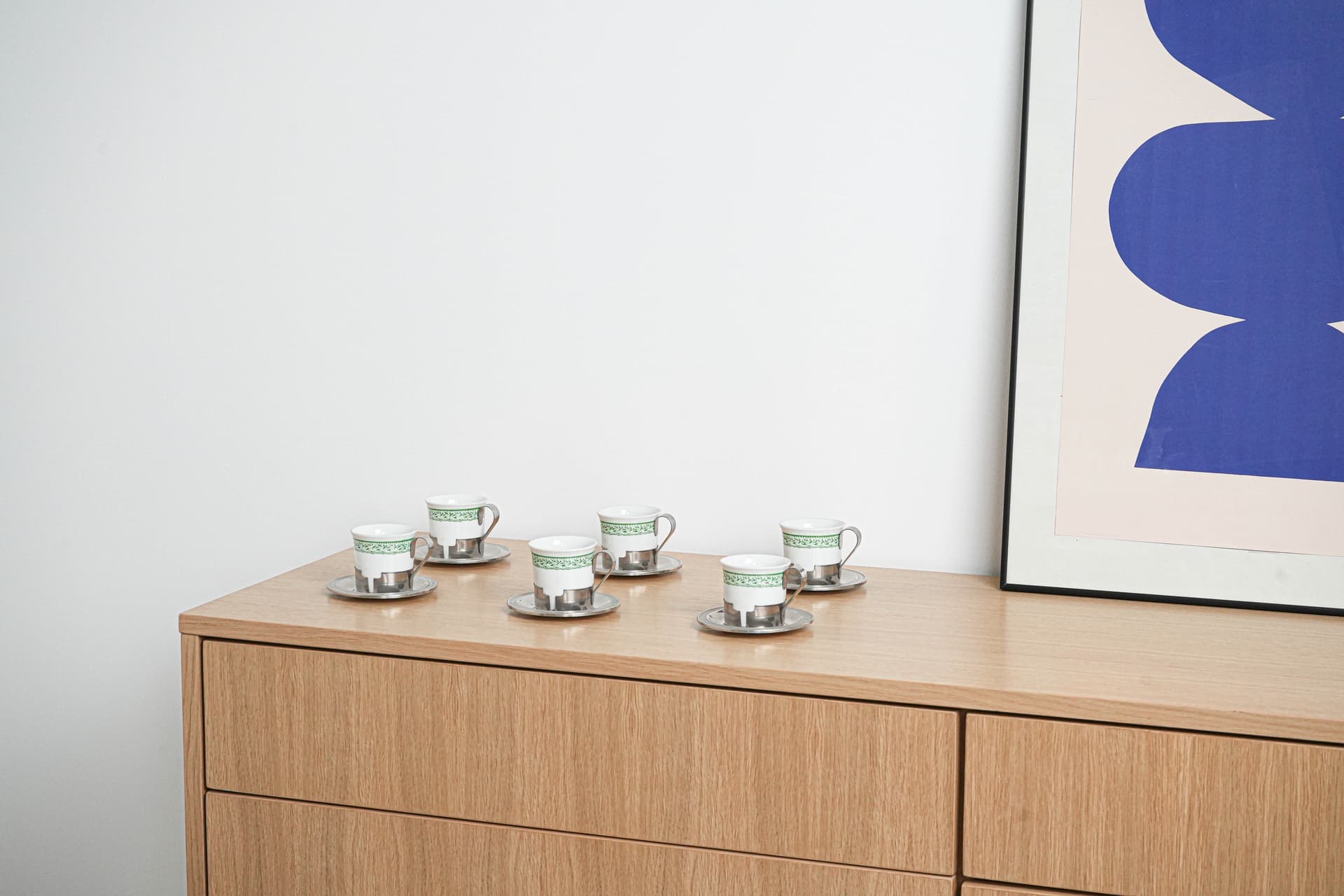 Komplet filiżanek do espresso, biały zielony, porcelana stal nierdzewna, Włochy, lata 80. - 222847