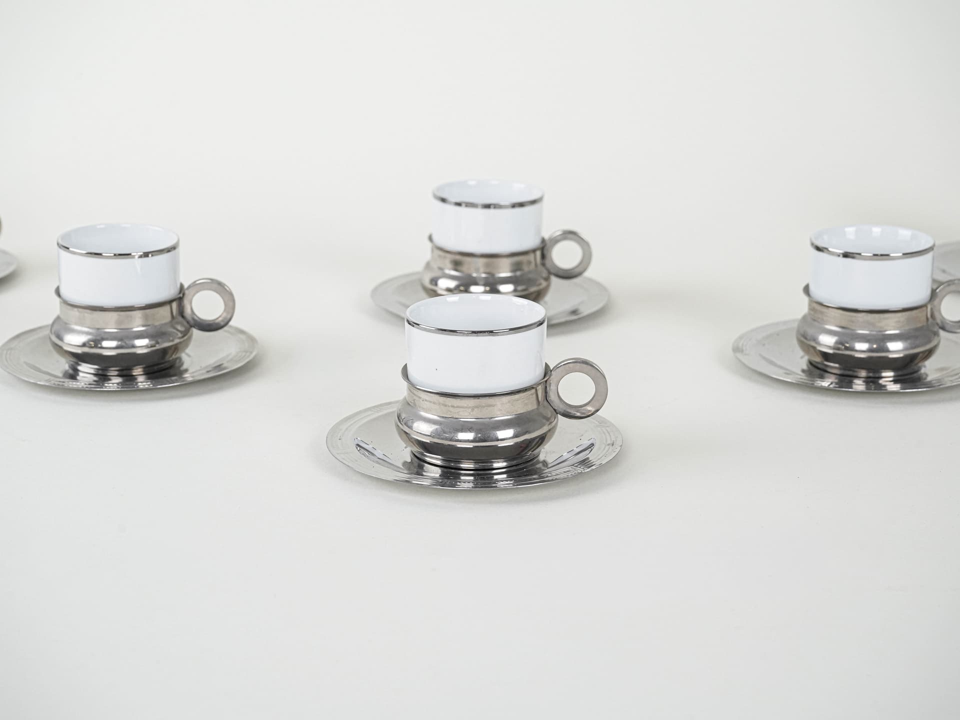 Komplet filiżanek do espresso, biały, porcelana, stal nierdzewna, Włochy, lata 80. - 222854