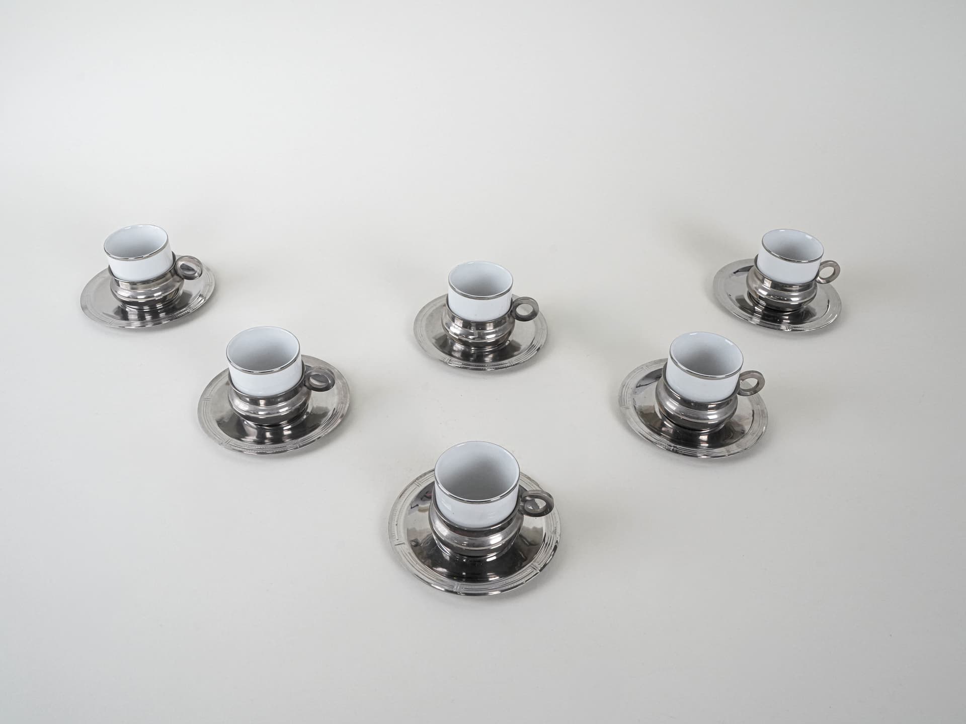 Komplet filiżanek do espresso, biały, porcelana, stal nierdzewna, Włochy, lata 80. - 222856