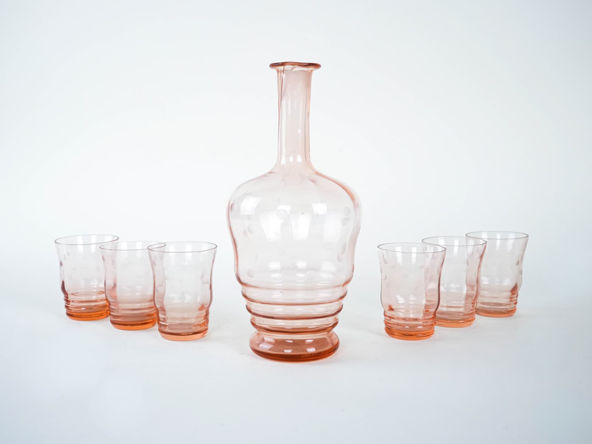 Zestaw karafka i szklanki, łososiowo-różowy, szkło, Włochy, lata 70. - 222985