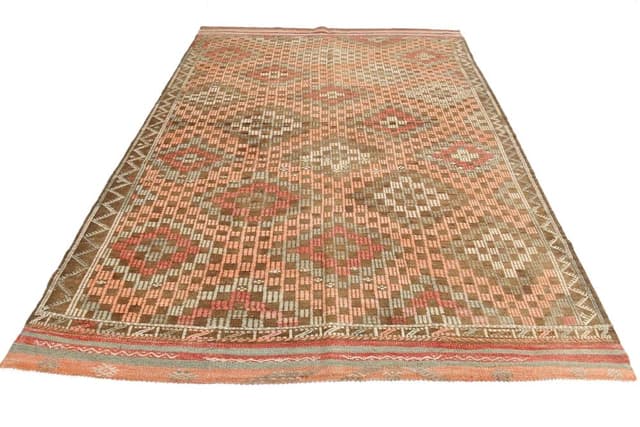Kilim 208x297 cm, zielony, czerwony, wełna, Turcja, lata 60. - WYMIARY