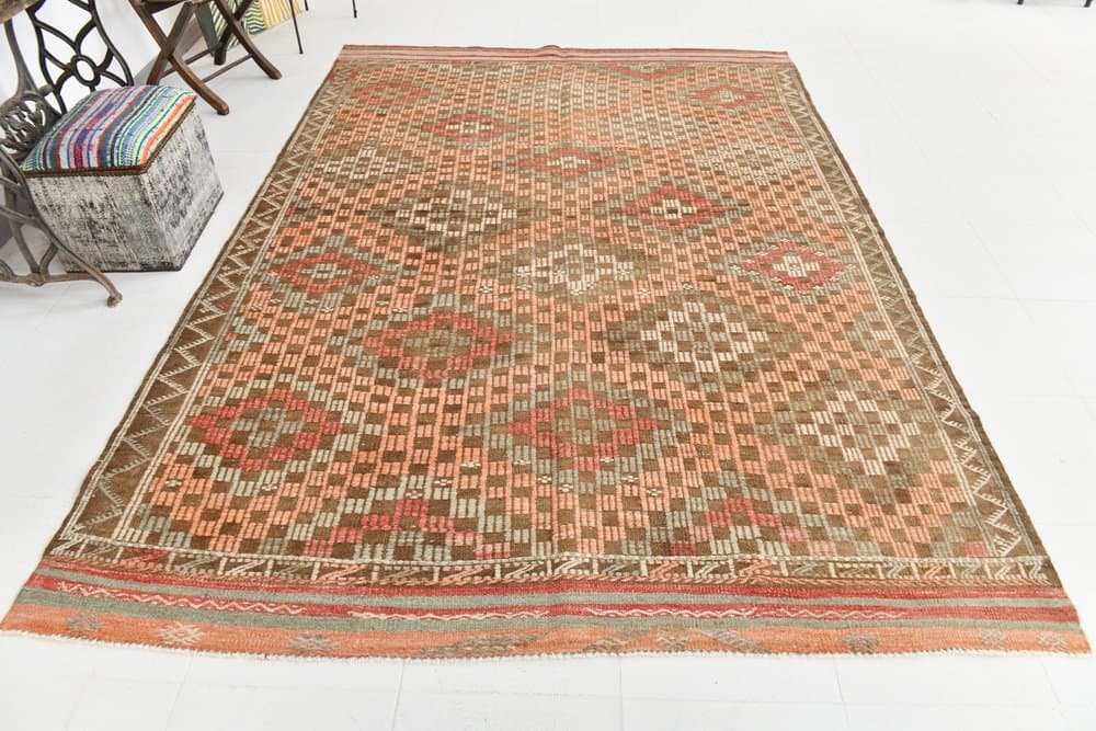 Kilim 208x297 cm, zielony, czerwony, wełna, Turcja, lata 60. - 223835