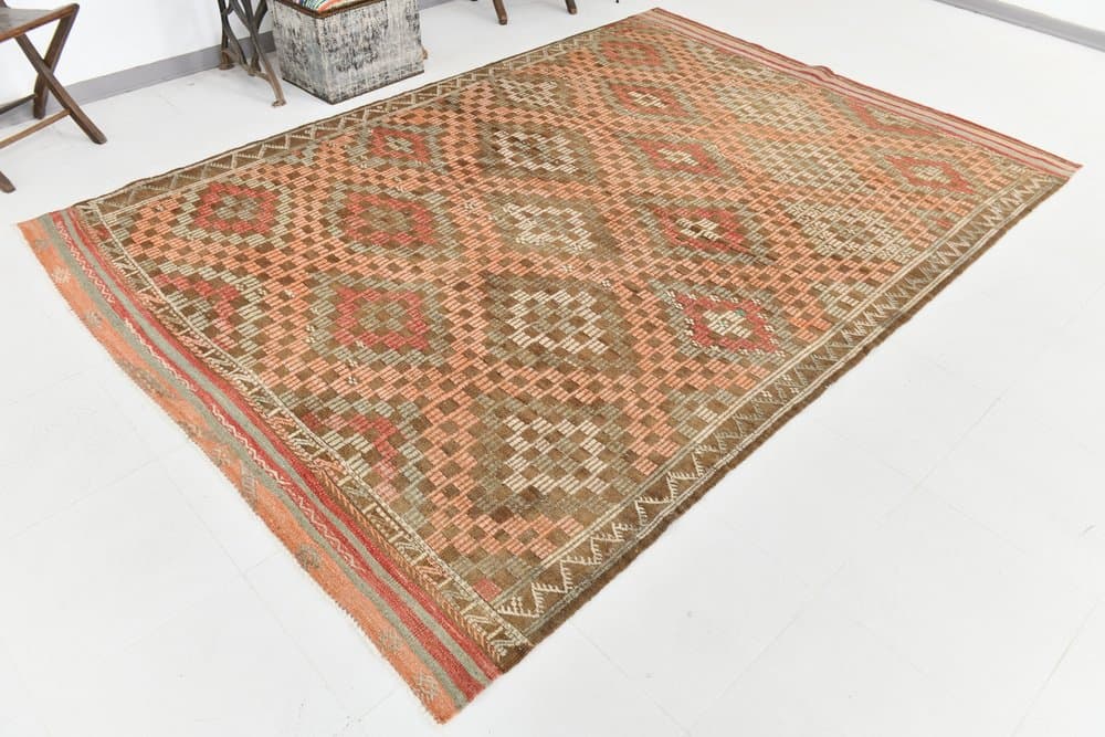 Kilim 208x297 cm, zielony, czerwony, wełna, Turcja, lata 60. - 223833