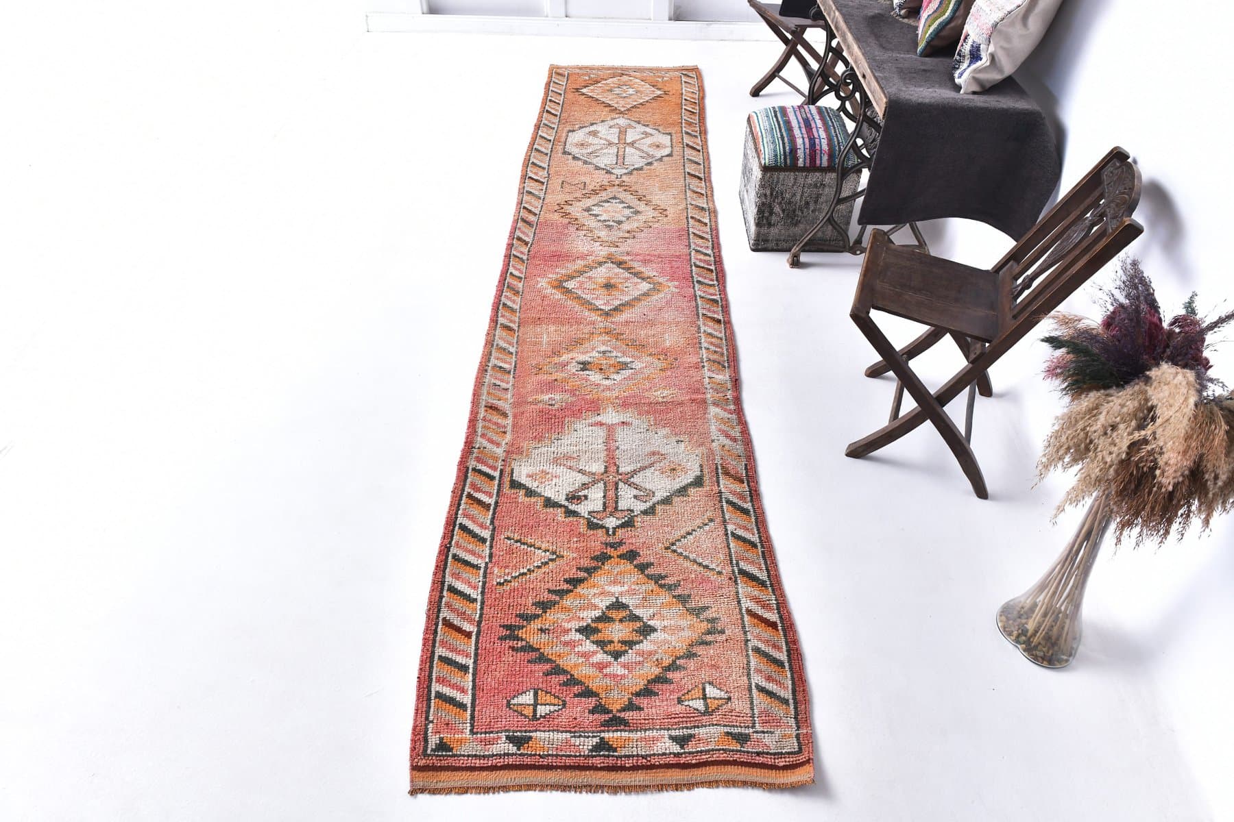 Runner Rug 85x395 cm, orange, beige, wool, Turkey, 1970s. - 223821