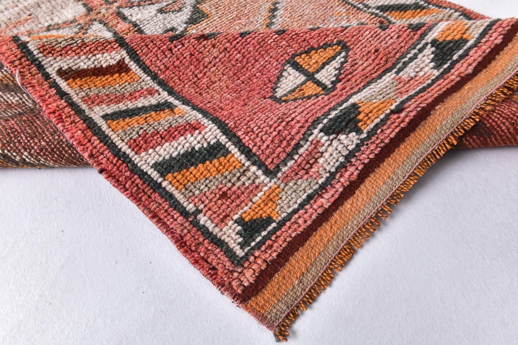 Runner Rug 85x395 cm, orange, beige, wool, Turkey, 1970s. - 223825