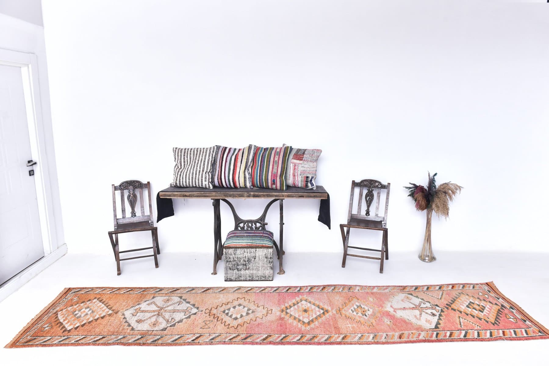 Runner Rug 85x395 cm, orange, beige, wool, Turkey, 1970s. - 223824