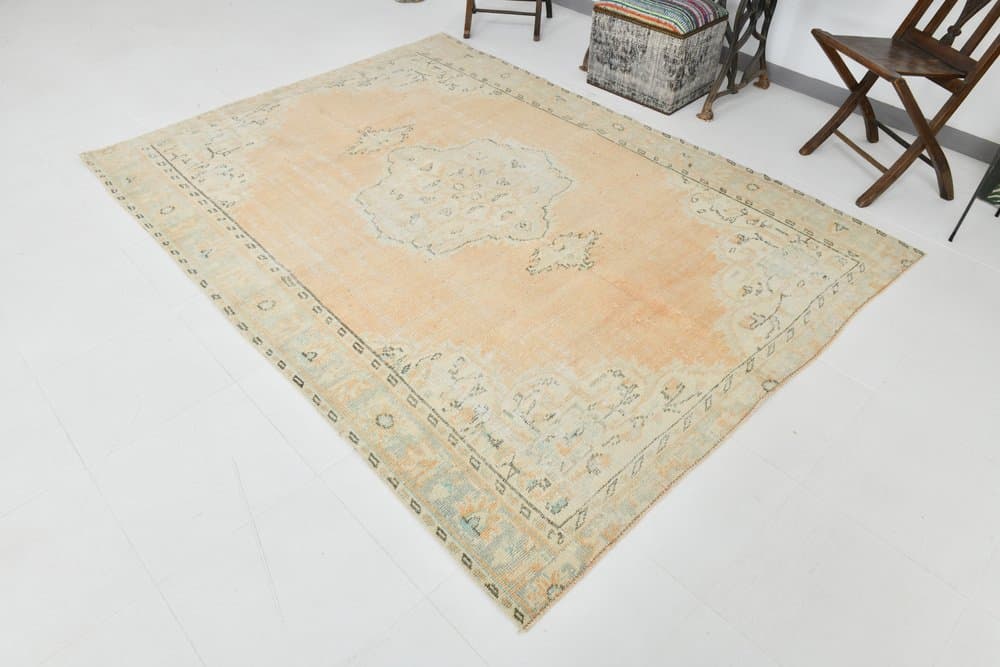 Dywan 251x185 cm, brzoskwiniowy, błękitny, wełna, Turcja, lata 70. - 223778