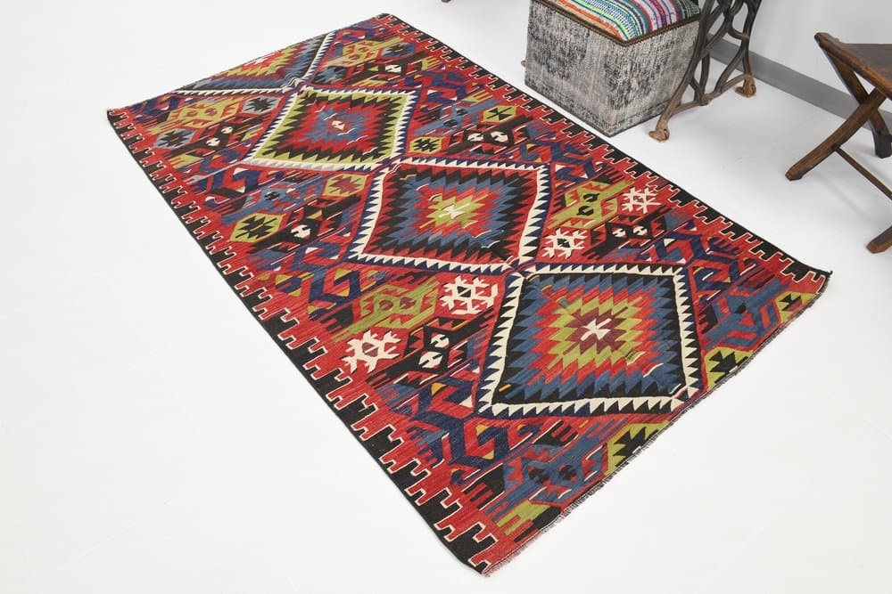 Kilim 130x219 cm, niebieski, oliwkowy, wełna, Turcja, lata 70. - 223744