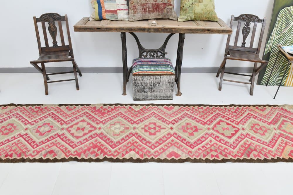 Kilim 81x395 cm, różowy, wełna, Turcja, lata 70. - 223714
