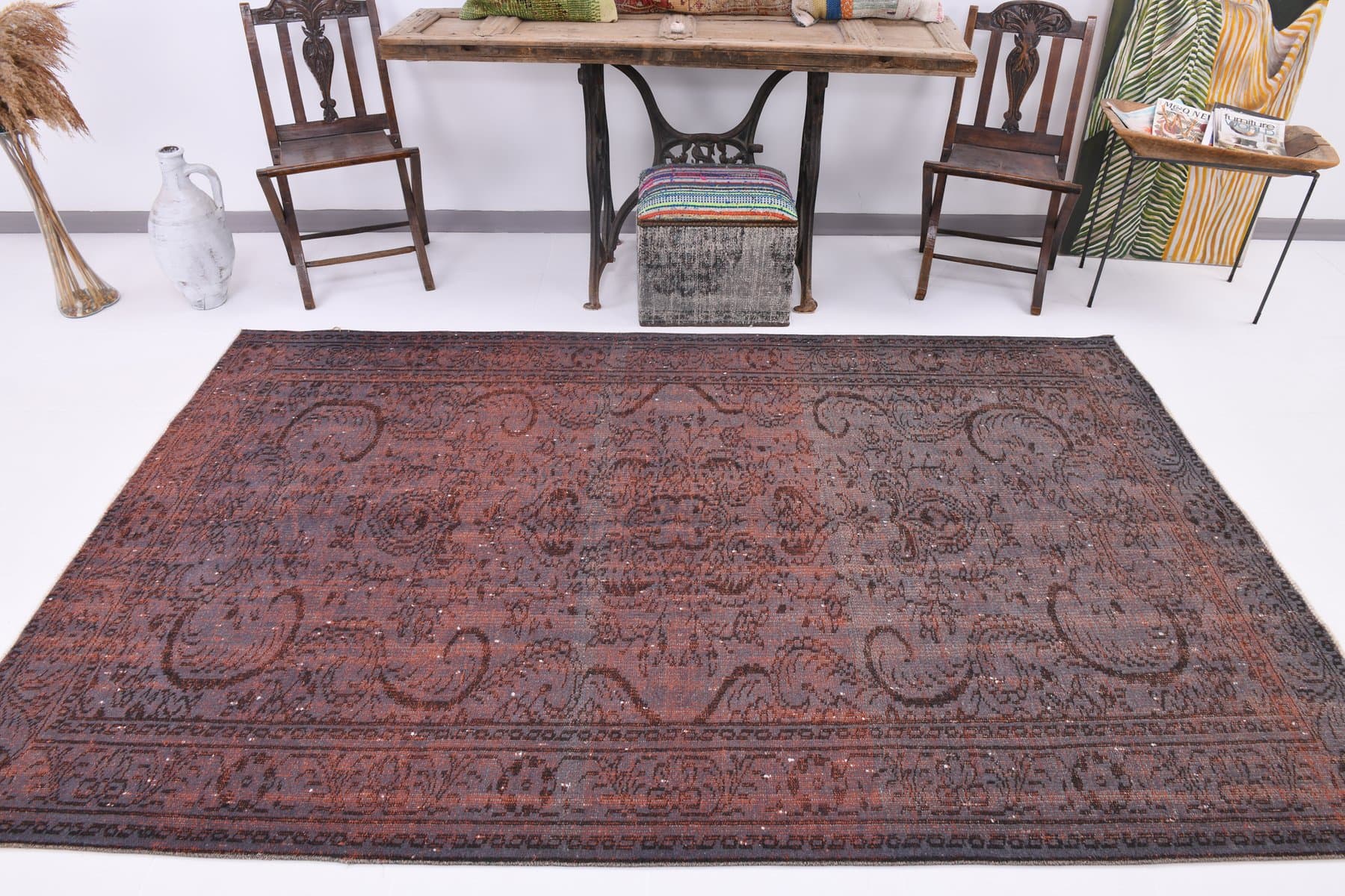 Dywan 166x268 cm, szaroniebieski, terakotowy, wełna, Turcja, lata 60. - 223657