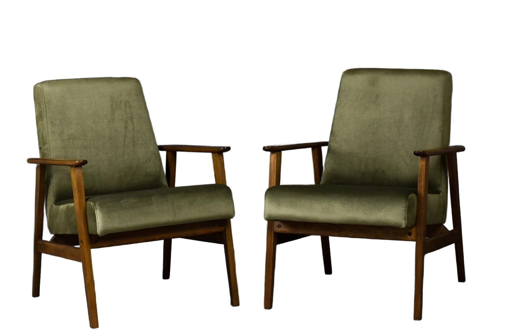 Para foteli Śnieżka, welur oliwkowy, buk brązowy, Polska, lata 70.