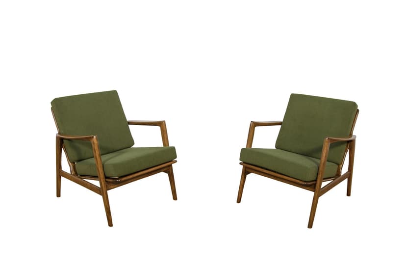 Para foteli 300-139, oliwkowozielona tkanina, buk orzech, Swarzędzka Fabryka Mebli, Polska, lata 60.