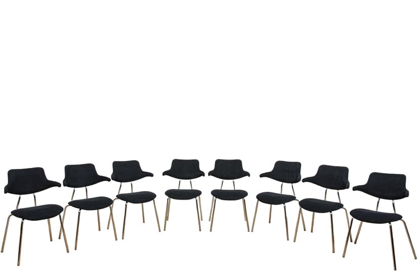 Komplet ośmiu krzeseł VL118, tkanina czarna, chrom, proj. V. Larsen, dla Vermund Larsen A/S, Dania, lata 60.