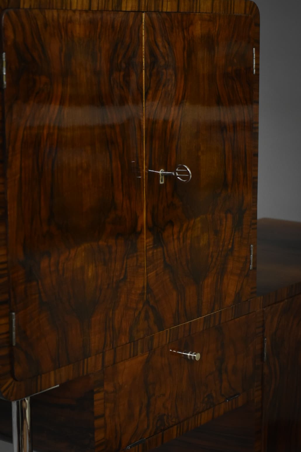 Mebel gabinetowy Art Deco, orzech brązowy, stal chromowana, Polska, lata 30. - 224655