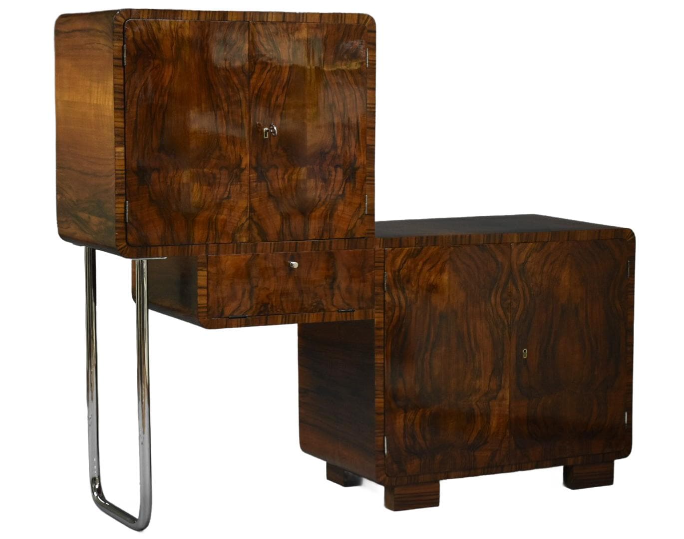 Mebel gabinetowy Art Deco, orzech brązowy, stal chromowana, Polska, lata 30.