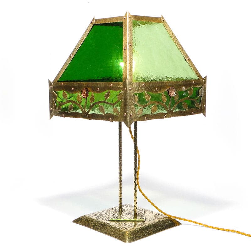 Lampa stołowa secesyjna, zielone szkło, mosiądz, Polska, początek XX w. - 224748