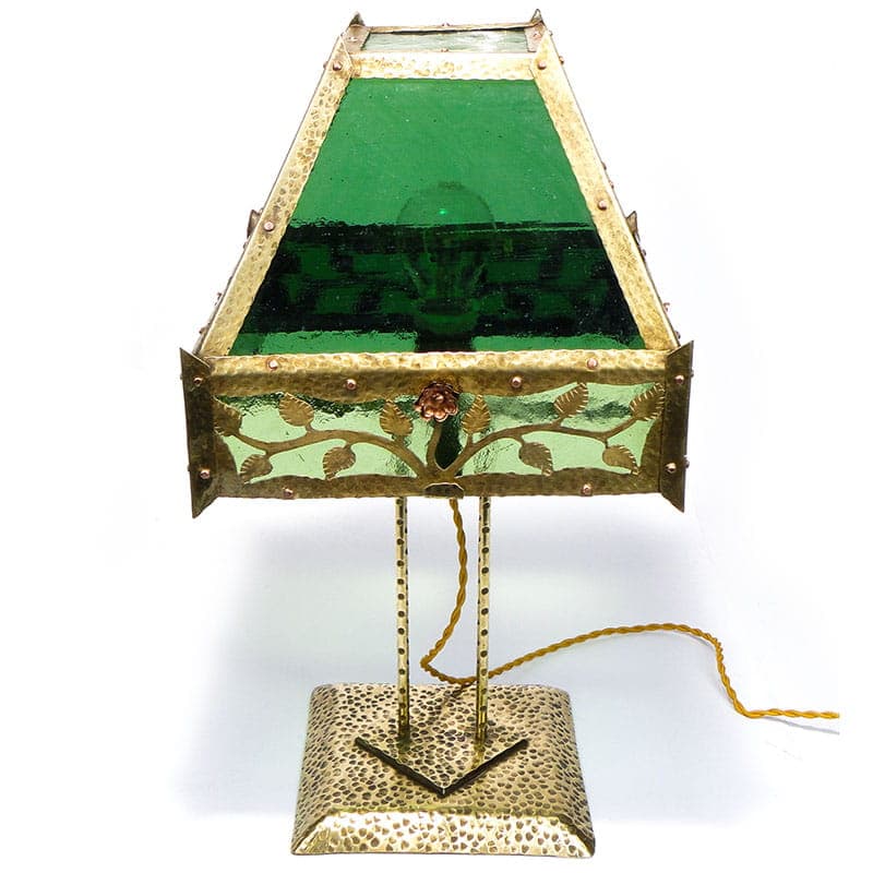 Lampa stołowa secesyjna, zielone szkło, mosiądz, Polska, początek XX w. - 224756