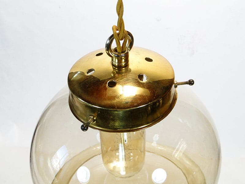 Lampa wisząca, szkło koniakowe, mosiądz, Polska, lata 70. - 224960