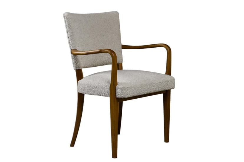 Fotel skandynawski, bouclé beżowy, dąb, lata 50.