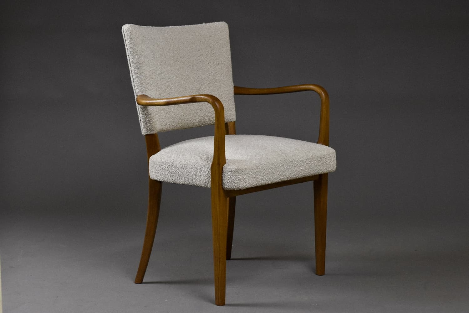 Fotel skandynawski, bouclé beżowy, dąb, lata 50. - 225157