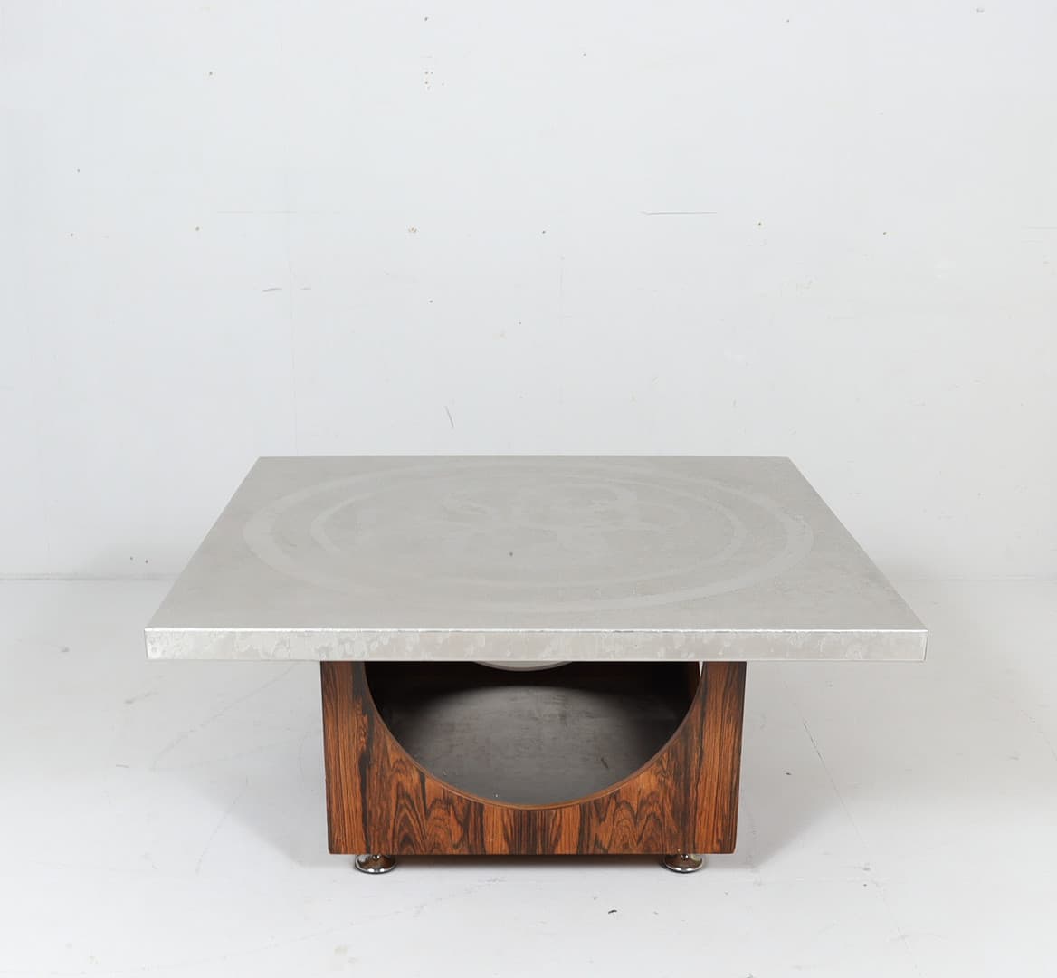 Stolik kawowy prostokątny mid-century, blat szczotkowana stal srebrna/podstawa palisander, proj. Heinz Lilienthal - 225269