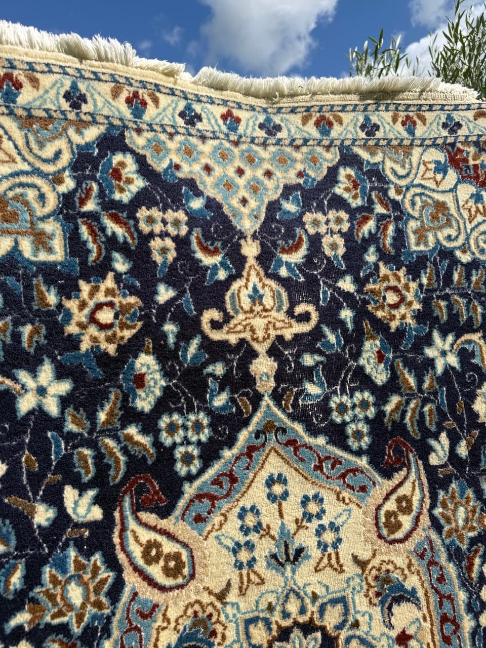 Chodnik perski Nain 385x85 cm, niebieski, wełna jedwab, Iran - 225595