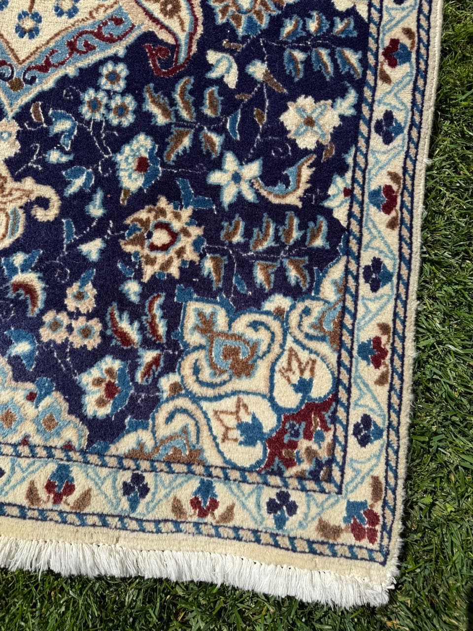 Chodnik perski Nain 385x85 cm, niebieski, wełna jedwab, Iran - 225605