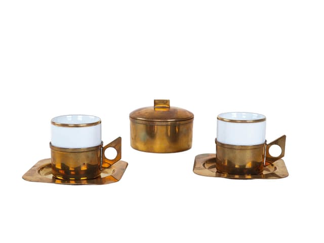 Komplet do kawy, biała porcelana, mosiądz złoty, proj. C. Delvé, Delfi, Włochy, lata 70. - WYMIARY