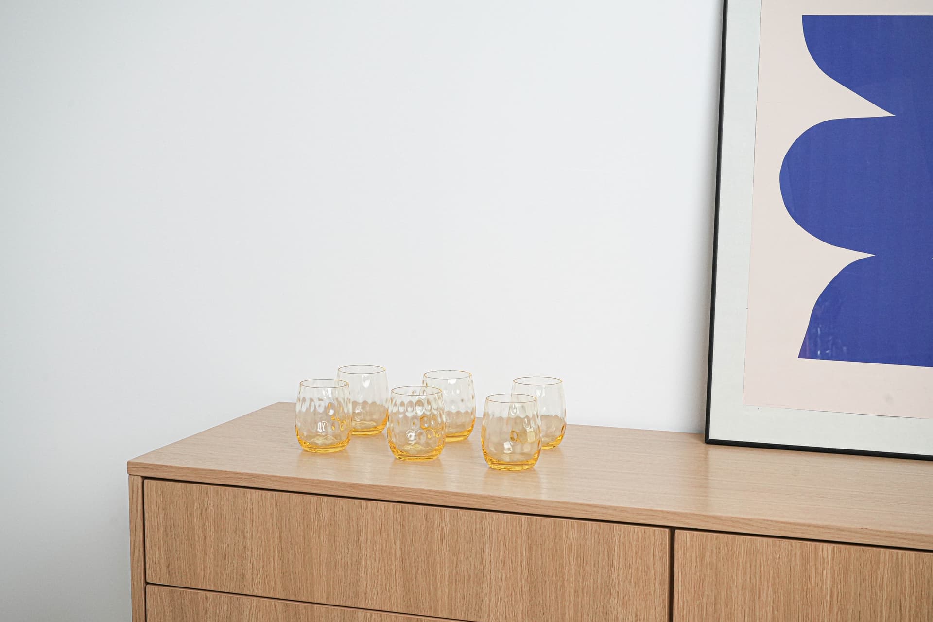 Komplet sześciu szklanek, miodowo-żółty, szkło, Włochy, lata 70. - 225778