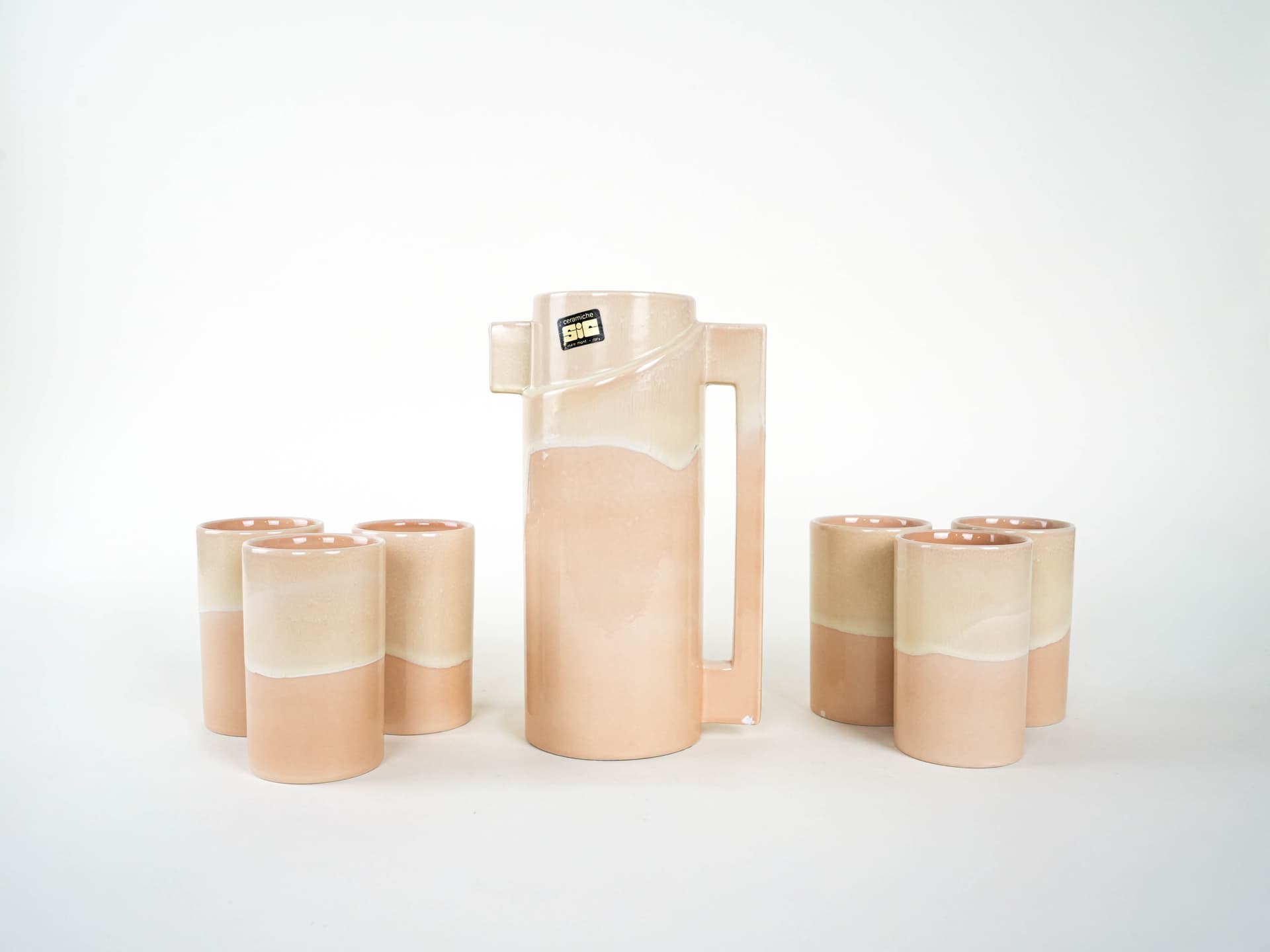 Zestaw dzbanek i kubki, beżowy, ceramika, Ceramiche SIC, Włochy, lata 60. - 225842
