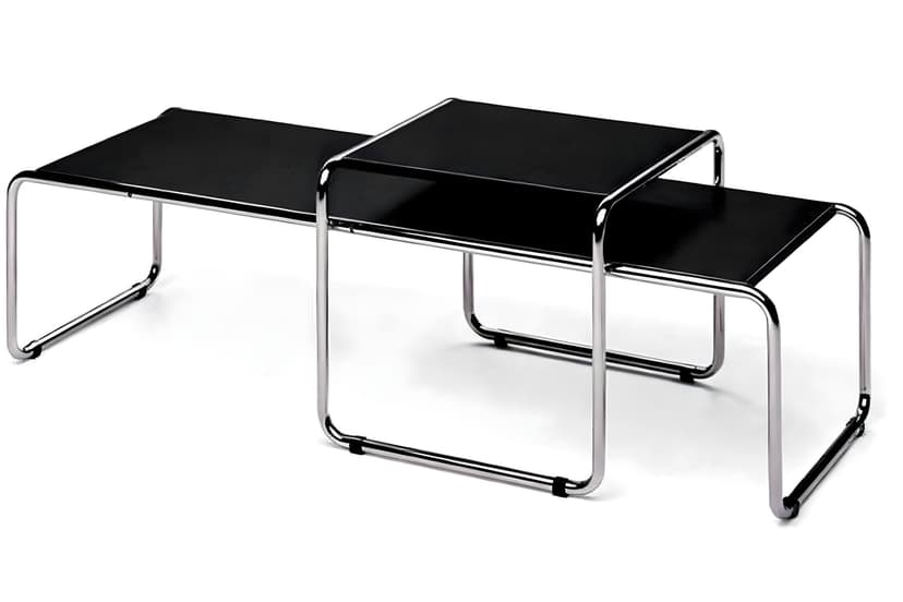 Podwójny stolik z giętej stali wg proj. M. Breuer, Bauhaus, czarny, drewno