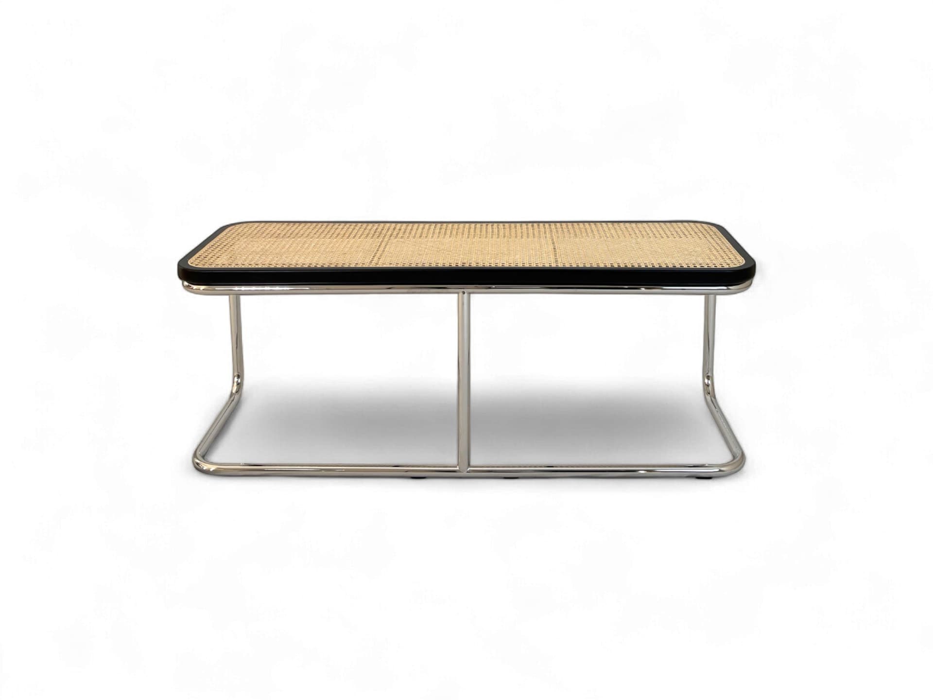 Ławka z giętej stali i plecionki wiedeńskiej wg proj. M. Breuer, Bauhaus, czarna, plecionka, stal