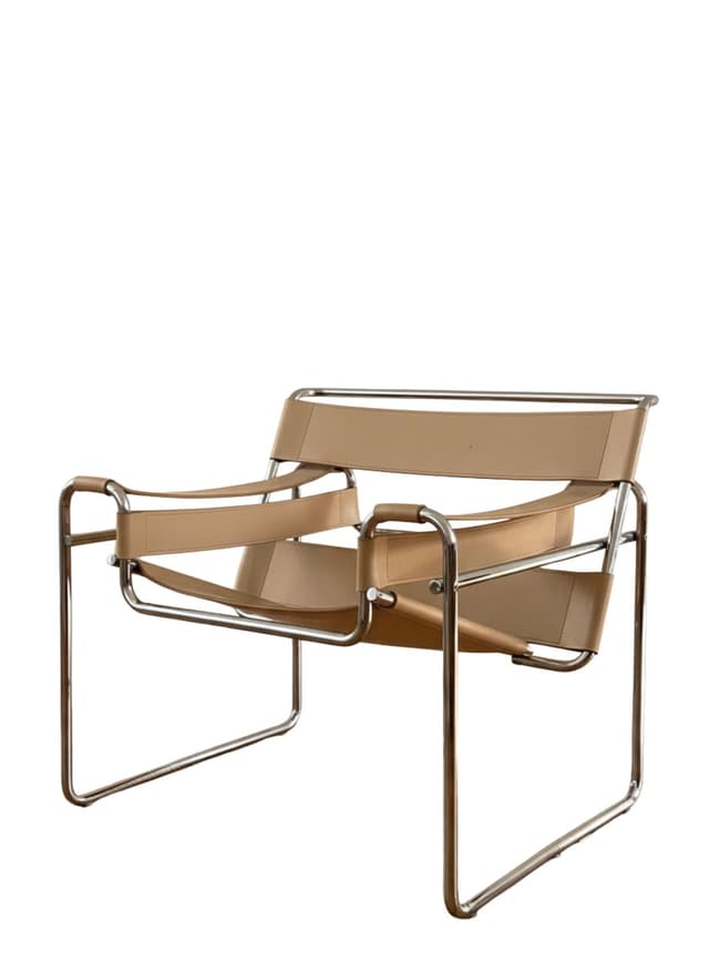 Fotel z giętej stali wg proj. Wassily, M. Breuer, beżowy, skóra naturalna - WYMIARY