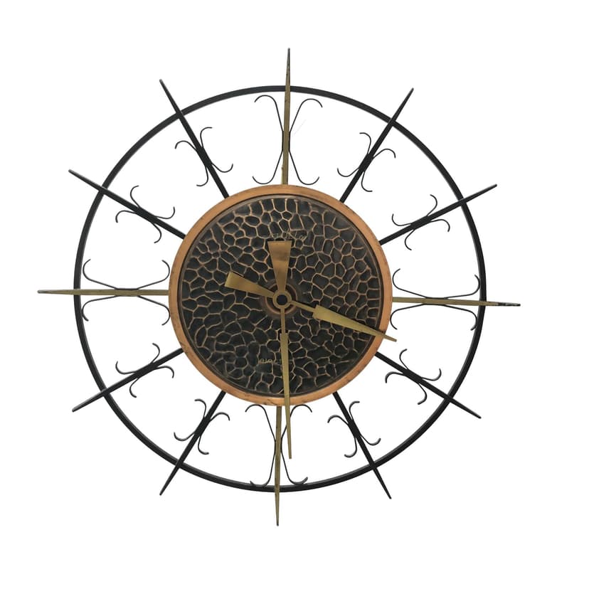 Zegar ścienny brutalistyczny, stal brązowy ciemny, mosiądz złoty, Ruhla Electric, Niemcy, lata 70.