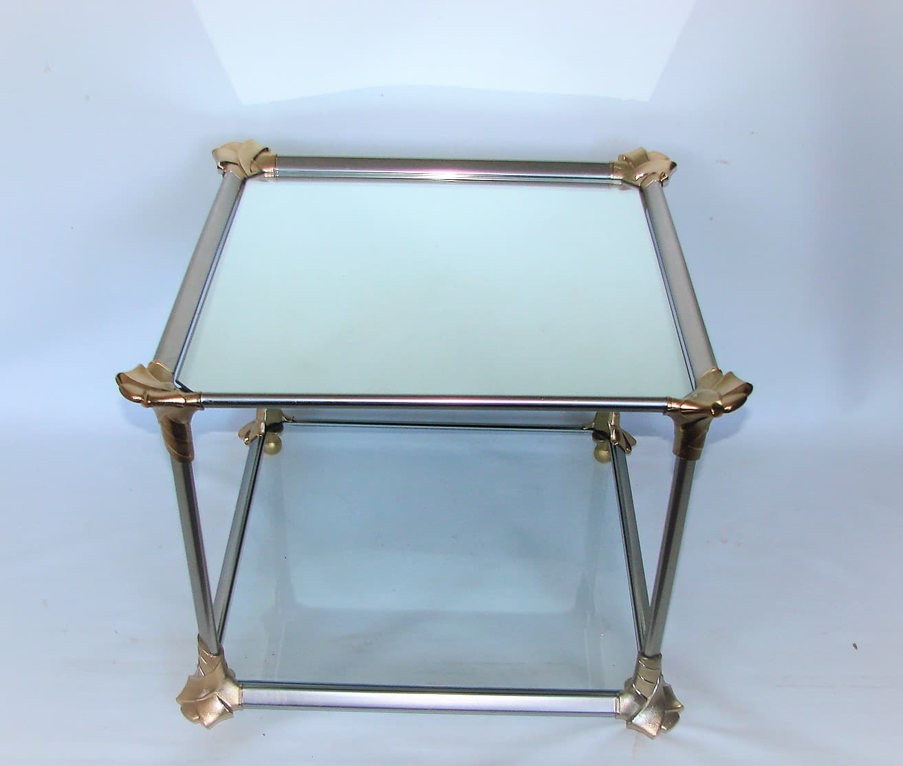 Stolik kawowy, srebrny, aluminium, szkło, lata 70. - 227143