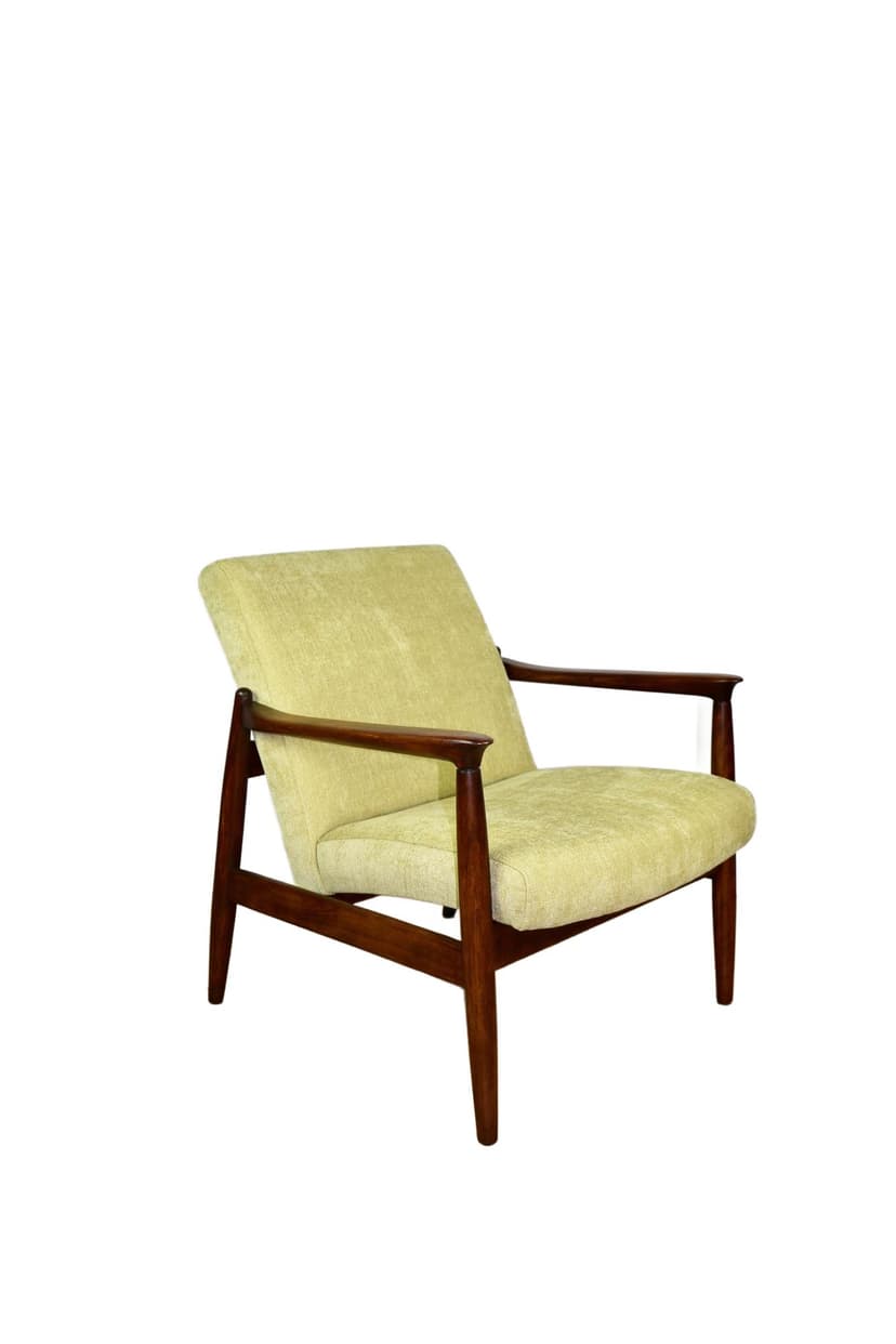 Fotel GFM-64, bawełna żółta, drewno dąb, proj. E. Homa, Polska, lata 70.