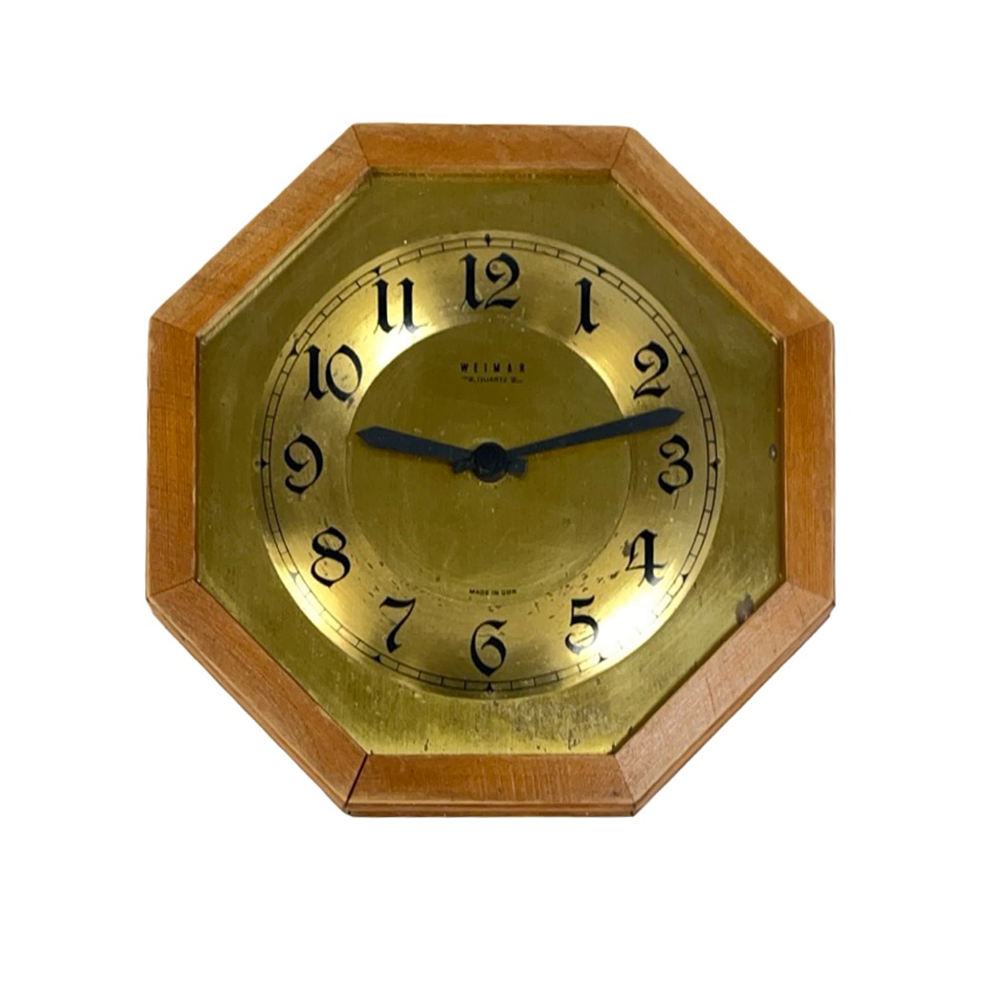 Zegar ścienny ośmiokątny, dąb brązowy, mosiądz złoty, aluminium czarny, szkło, Niemcy, lata 70. - 227430