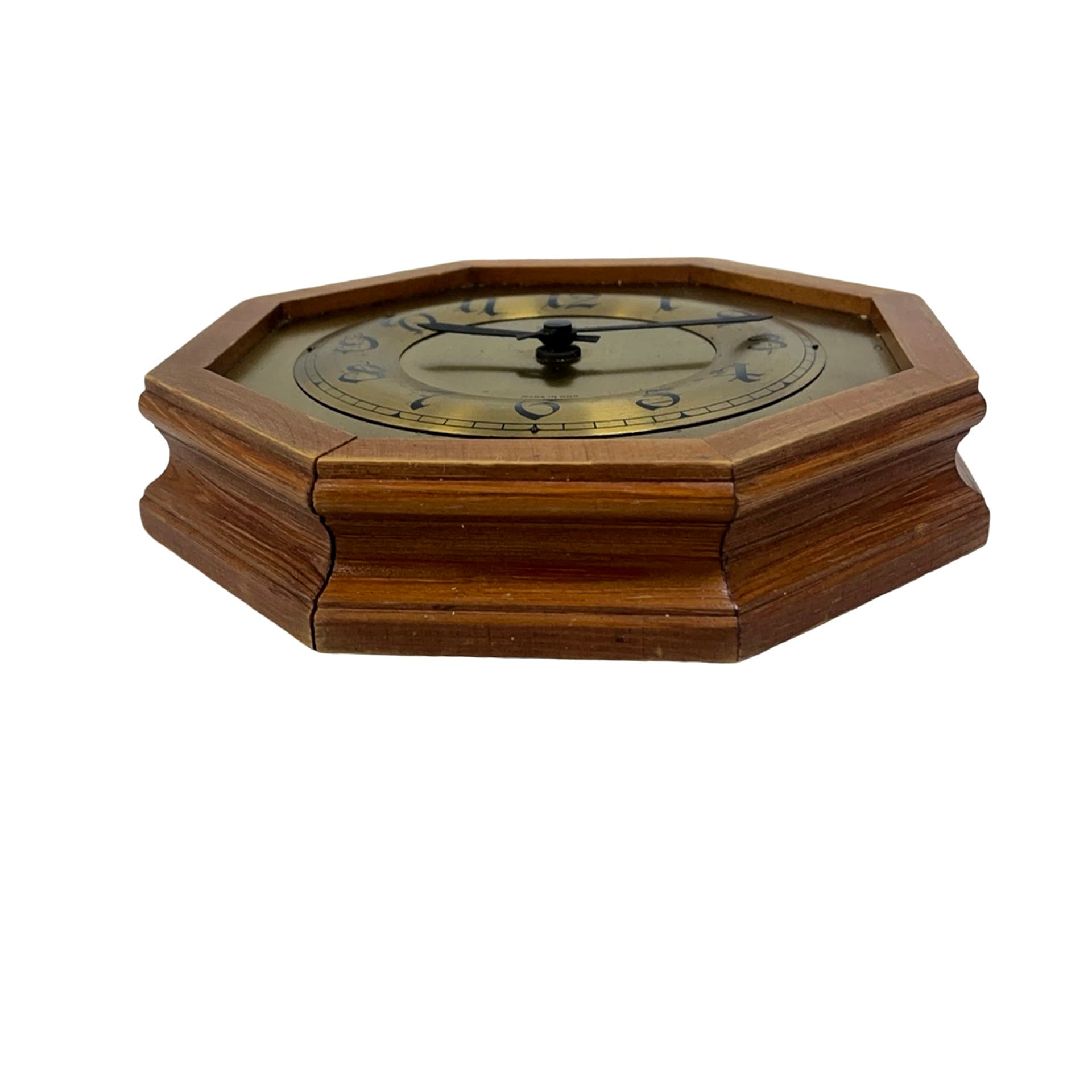 Zegar ścienny ośmiokątny, dąb brązowy, mosiądz złoty, aluminium czarny, szkło, Niemcy, lata 70. - 227433