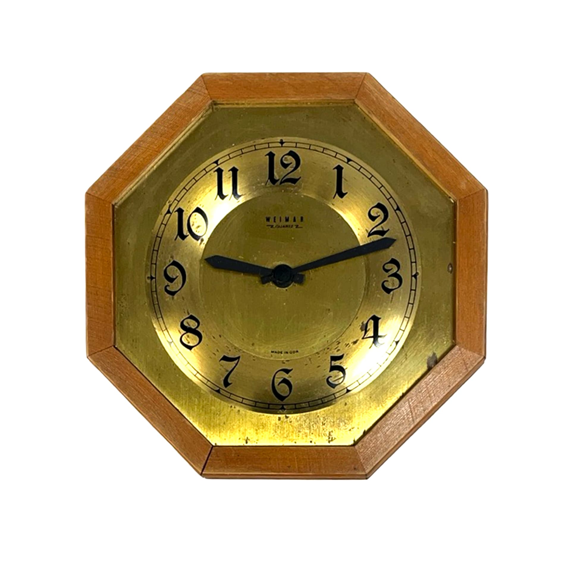 Zegar ścienny ośmiokątny, dąb brązowy, mosiądz złoty, aluminium czarny, szkło, Niemcy, lata 70. - 227431
