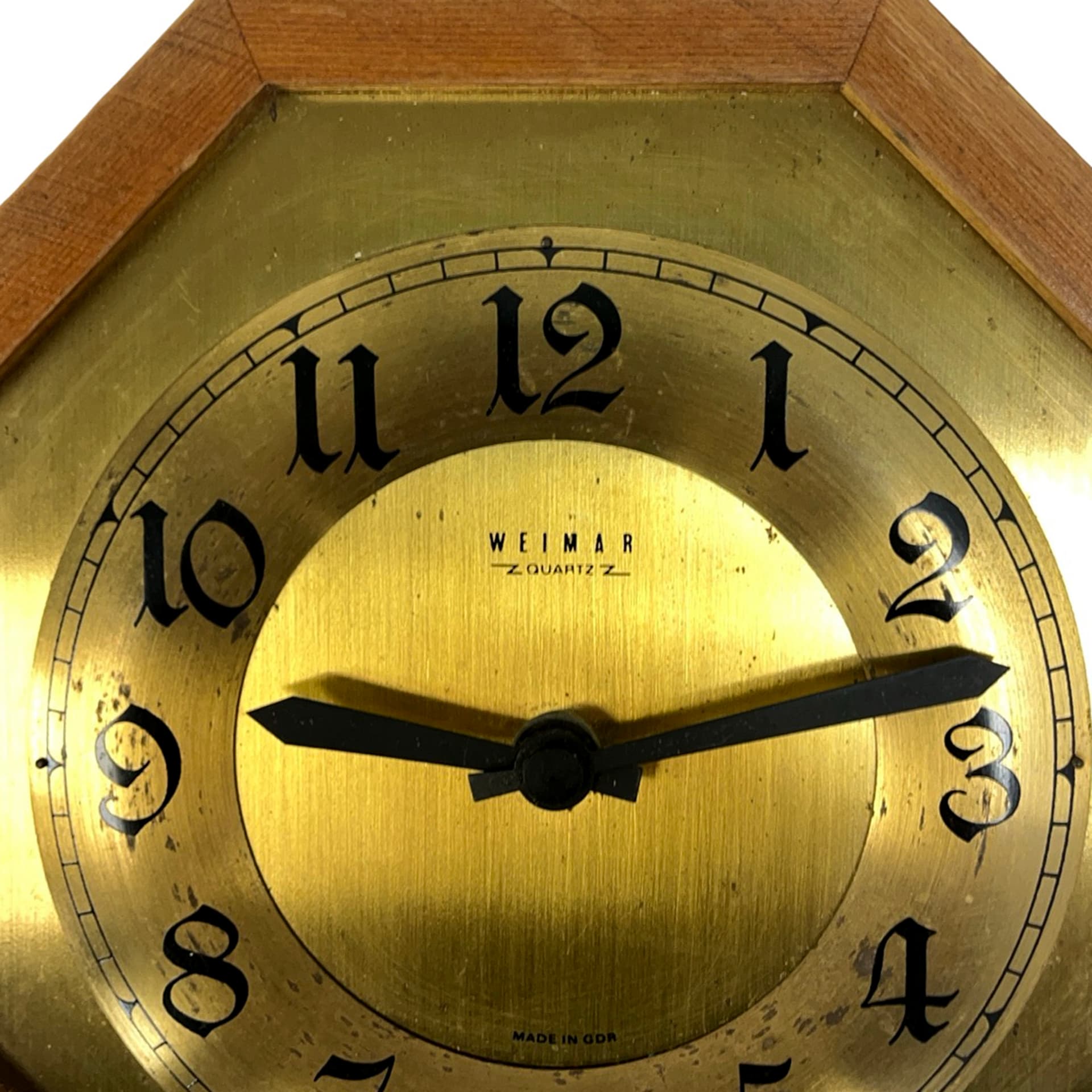 Zegar ścienny ośmiokątny, dąb brązowy, mosiądz złoty, aluminium czarny, szkło, Niemcy, lata 70. - 227437