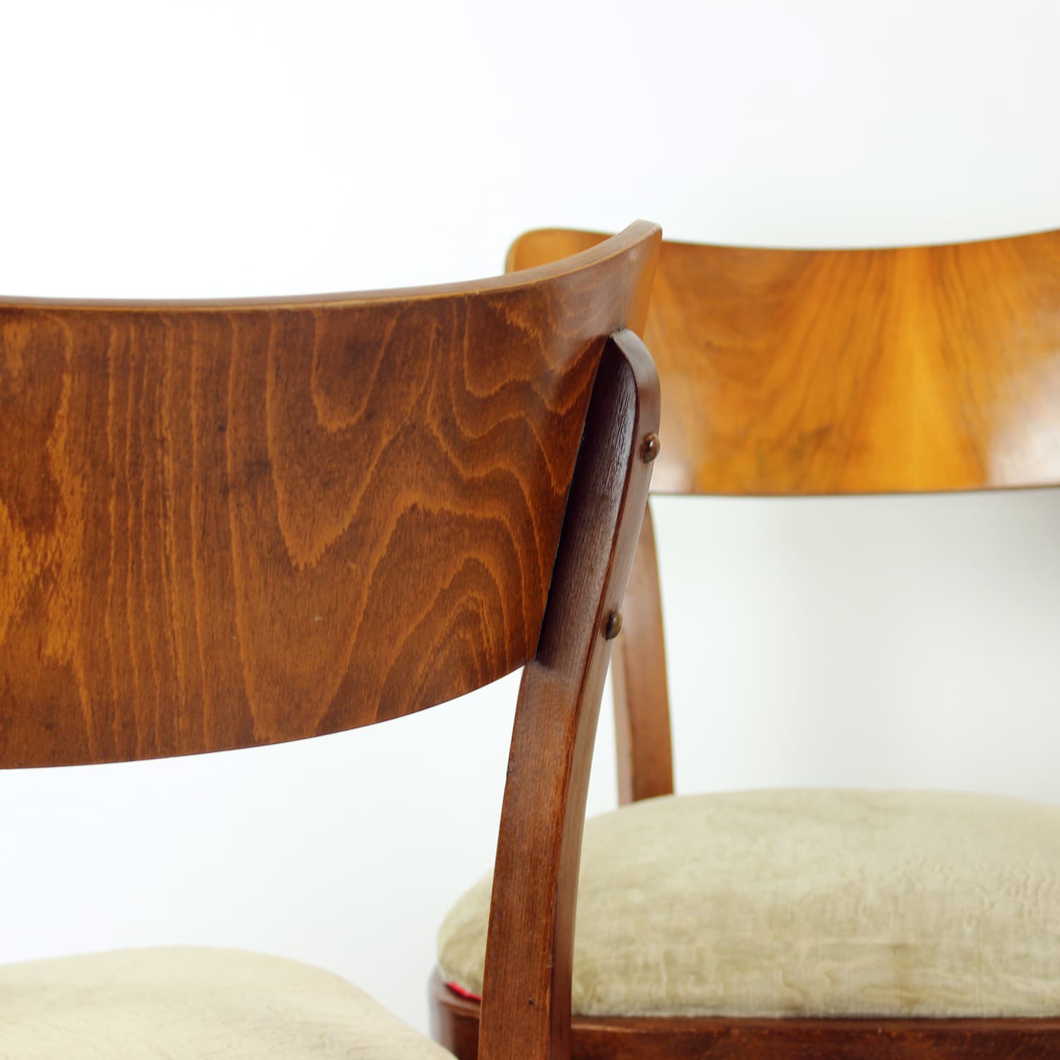 Zestaw czterech krzeseł, dąb brązowy, velvet beżowy, Tatra Nabytok, Czechosłowacja, lata 50. - 227826