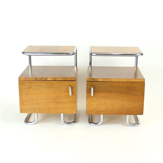 Para szafek nocnych, orzech brązowy, chrom, Czechosłowacja, lata 50. - WYMIARY