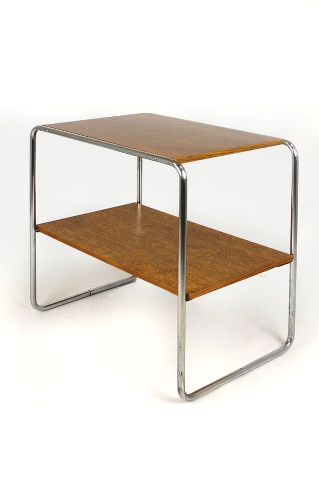 Stolik B12, Bauhaus, brązowy, drewno, stal chromowana, proj. M. Breuer, lata 30. - WYMIARY