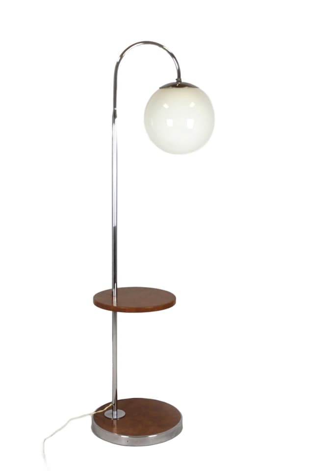 Lampa podłogowa Bauhaus, drewno brązowe, chrom, szkło białe, Czechy, lata 40. - WYMIARY