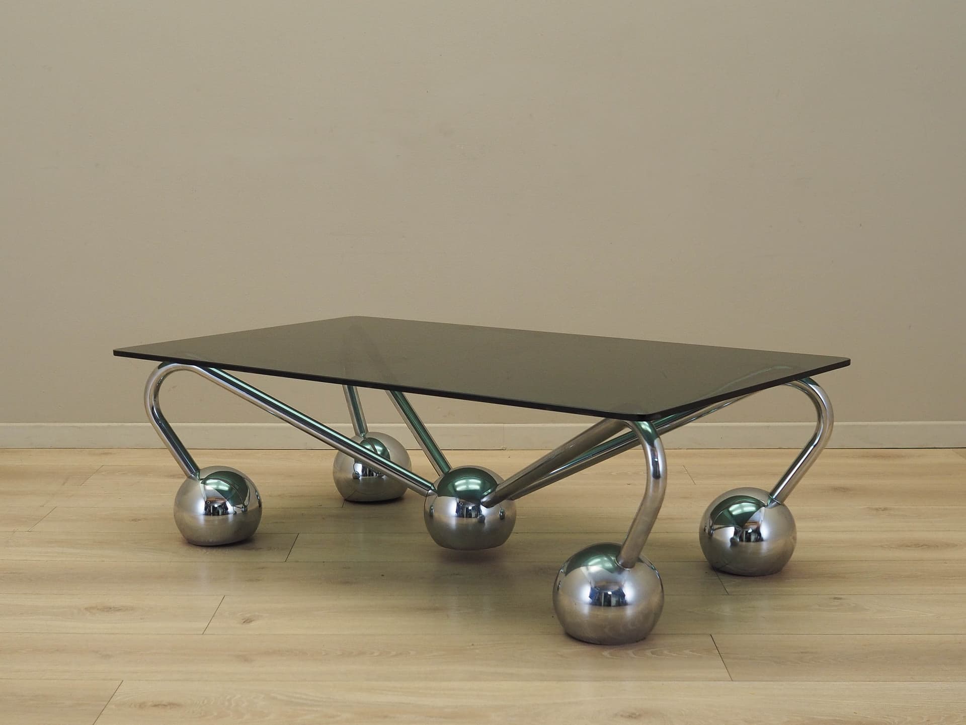 Stolik kawowy Space Age, szkło przyciemniane, chrom srebrny, Włochy, lata 70. - 227962