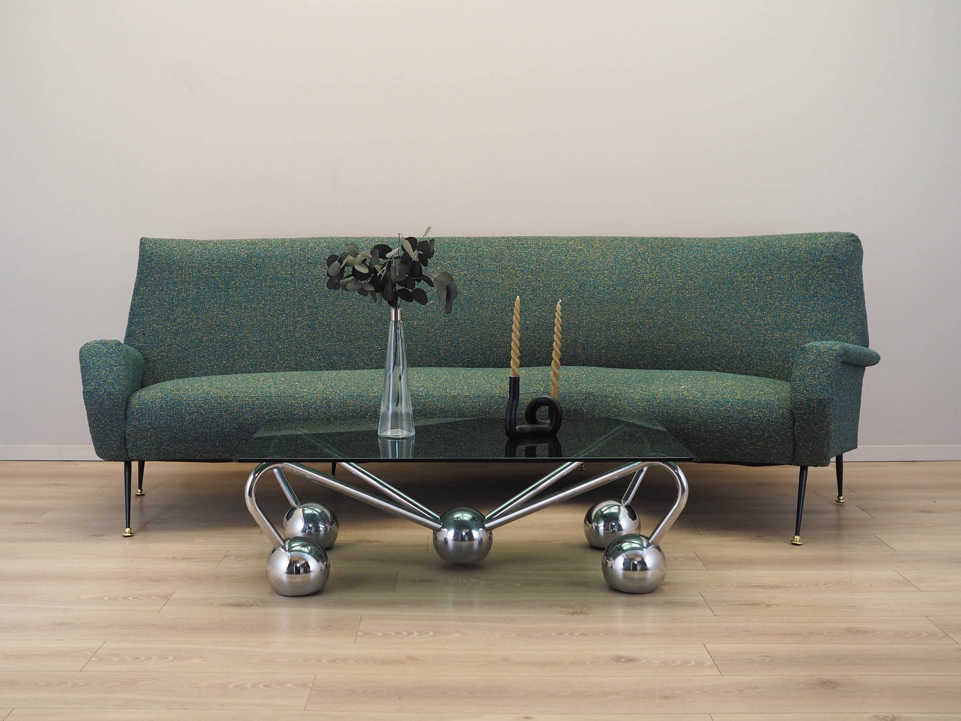 Sofa, zielony melanż, tkanina, metal czarny, Dania, lata 70. - 228158