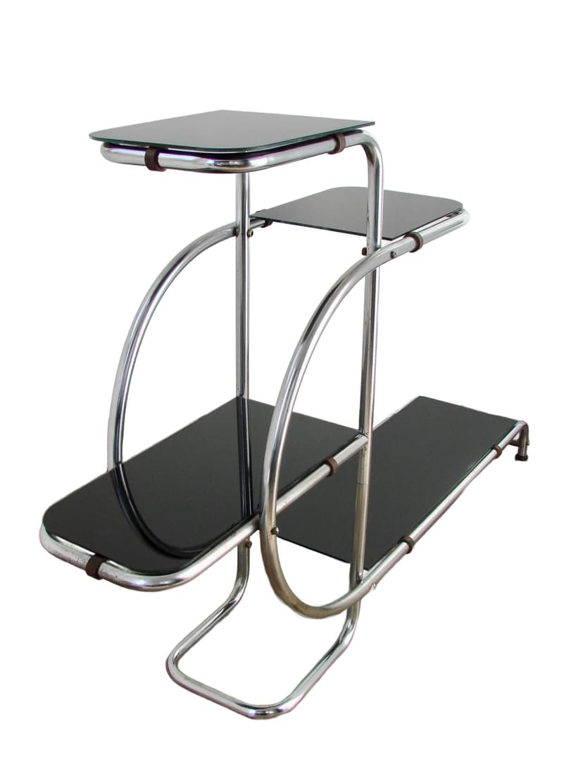 Kwietnik – etażerka, czarne szkło, chrom, proj. E. Guyot, Thonet, lata 30.